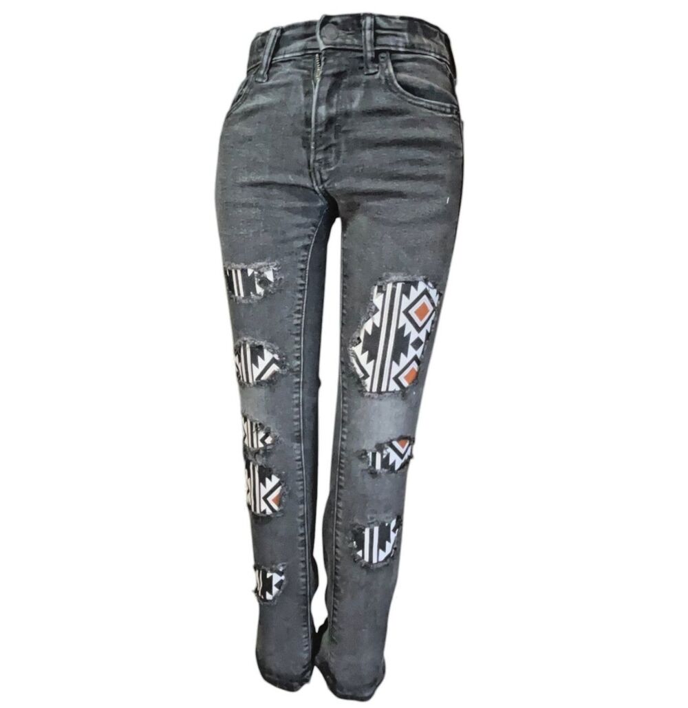 Old Navy Jeans Girls 12 Black Flex Distressed Boho Patches Adj. Waist (W26 L24)